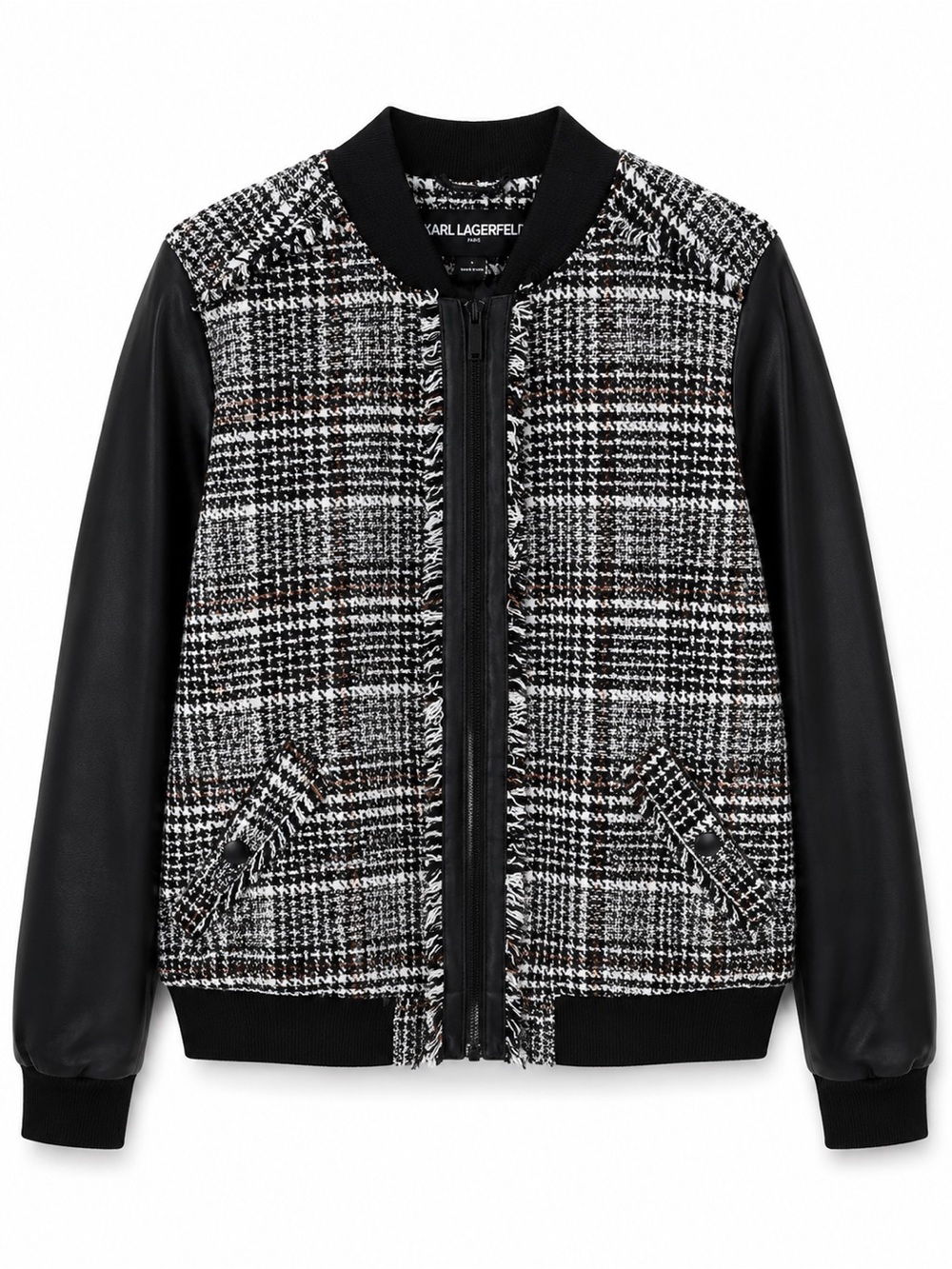 Karl Lagerfeld Black, White and Brown Tweed Bomber Jacket